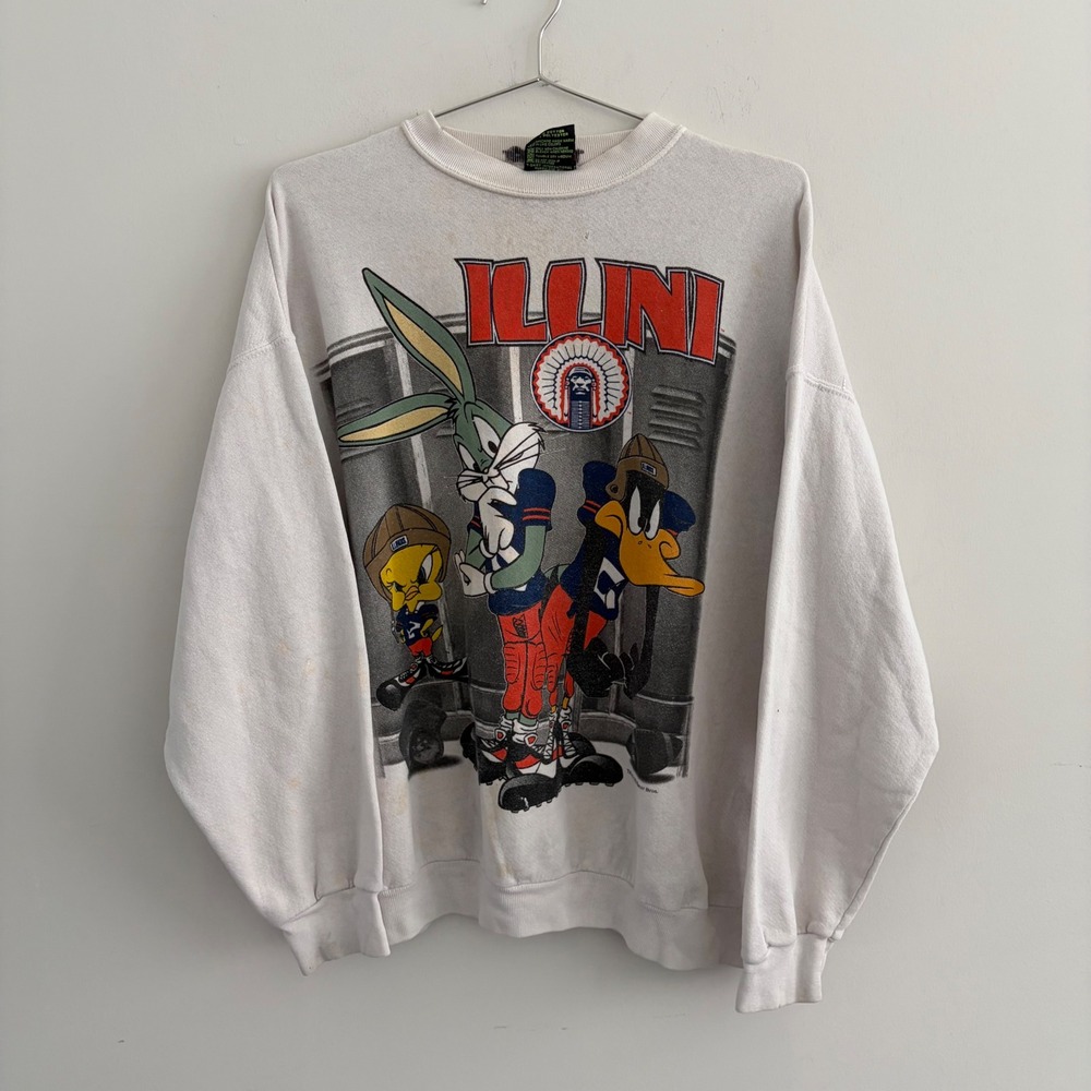 Vintage 1996 Looney Tunes Illini Football Sweatshirt TSI XL White Bugs Bunny